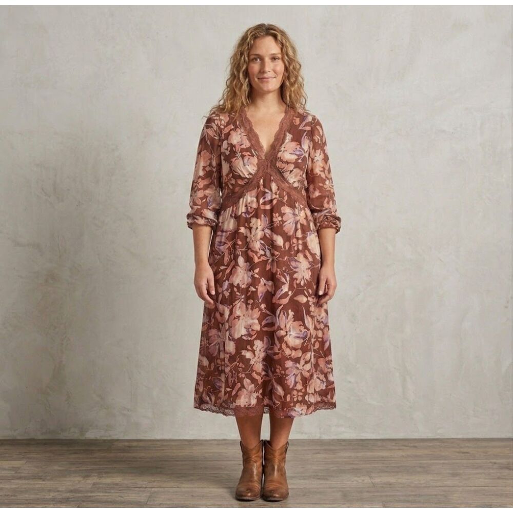 Sam Edelman Camilla Chocolate Brown Floral Lace Trimmed Boho Midi Dress Size XL